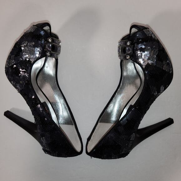 NINA NEW YORK Evan Heel Womens 8M Black Silver Sequins Satin Platform Peep Toe - Picture 9 of 11